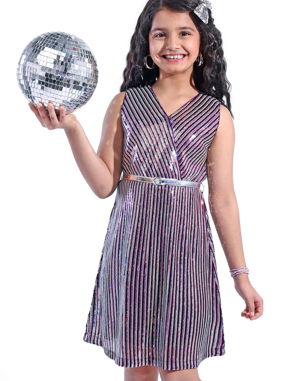 

Hola Bonita Girls Sequins Sleeveless Belted Fit and Flared Dress, Purple