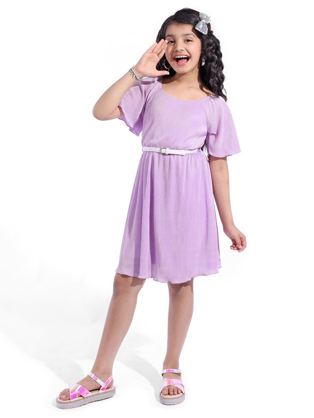 

Hola Bonita Girls Flared Sleeve Pleated A-Line Dress, Lavender