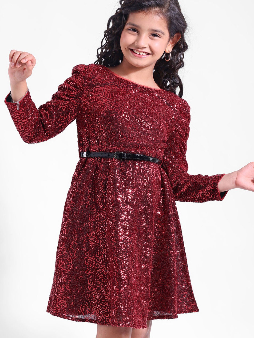 

Hola Bonita Girls Self Design Sequined Round Neck Above Knee Fit and Flare Dress, Red
