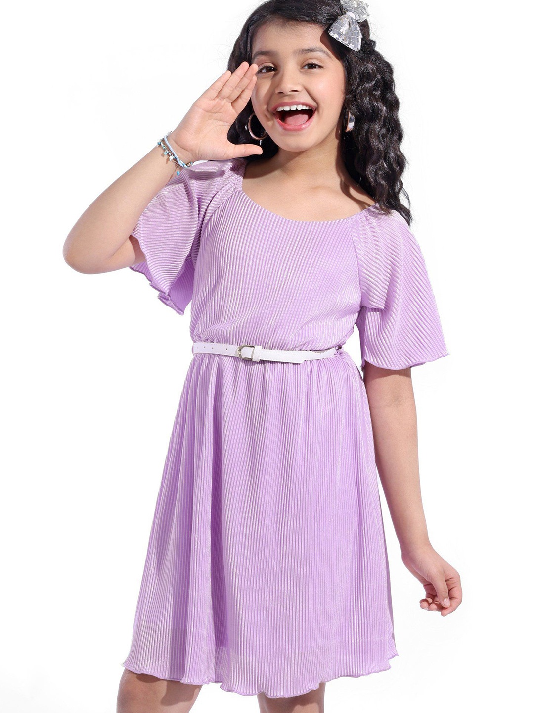 

Hola Bonita Girls Pleated Flared Sleeve A-Line Dress, Lavender