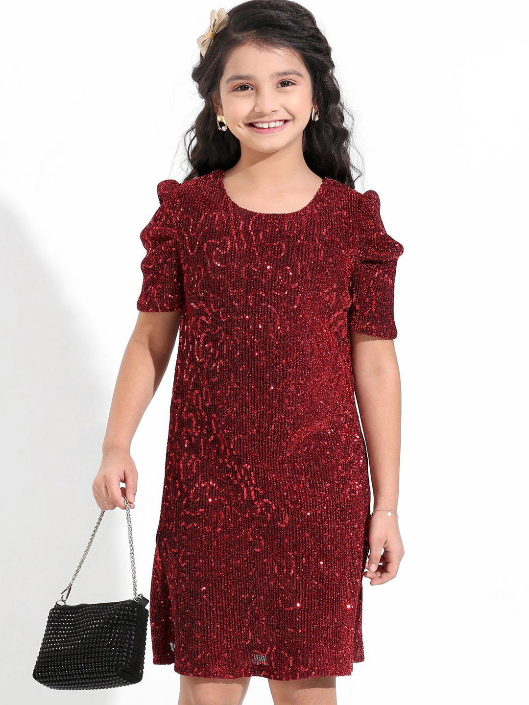 

Hola Bonita Girls Puffed Sleeves Embellished Sheath Dress, Red