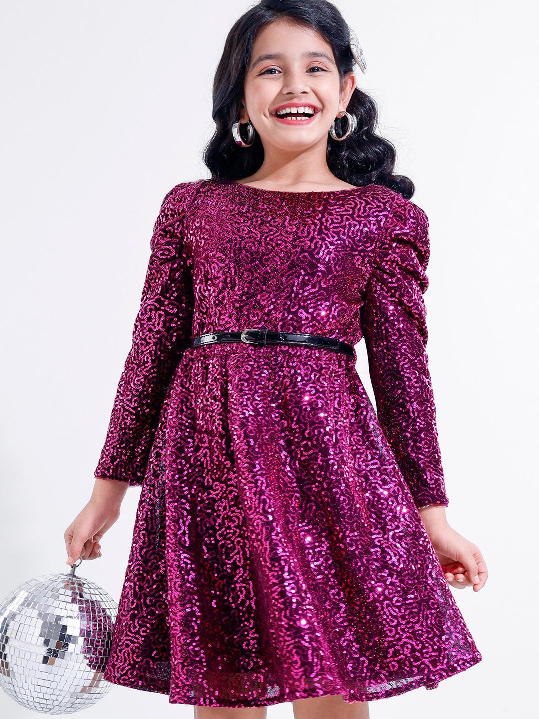 

Hola Bonita Girls Embellished Bling & Sparkly Round Neck Fit and Flare Dress, Fuchsia