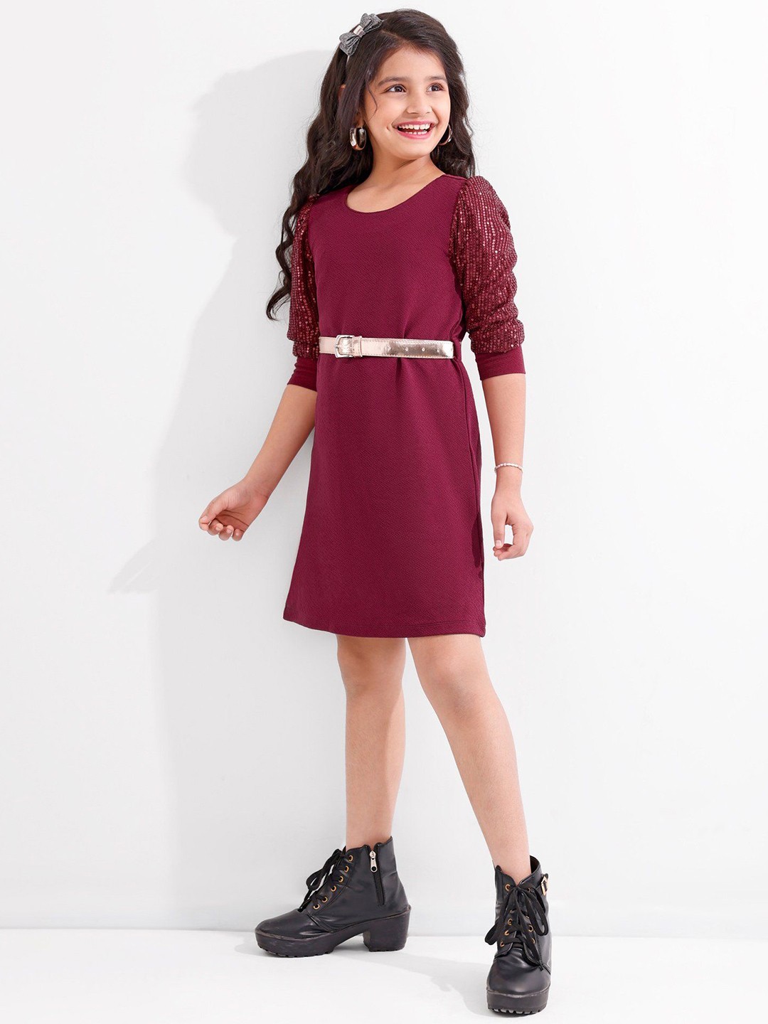 

Hola Bonita Girls Round Neck A-Line Dress, Maroon