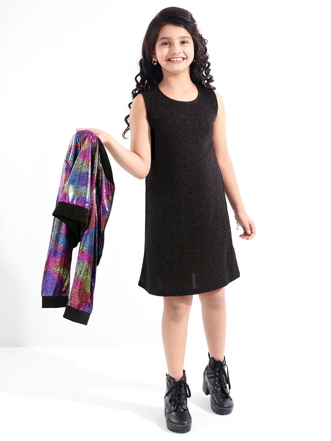 

Hola Bonita Girls Round Neck Polyester A-Line Dress, Black