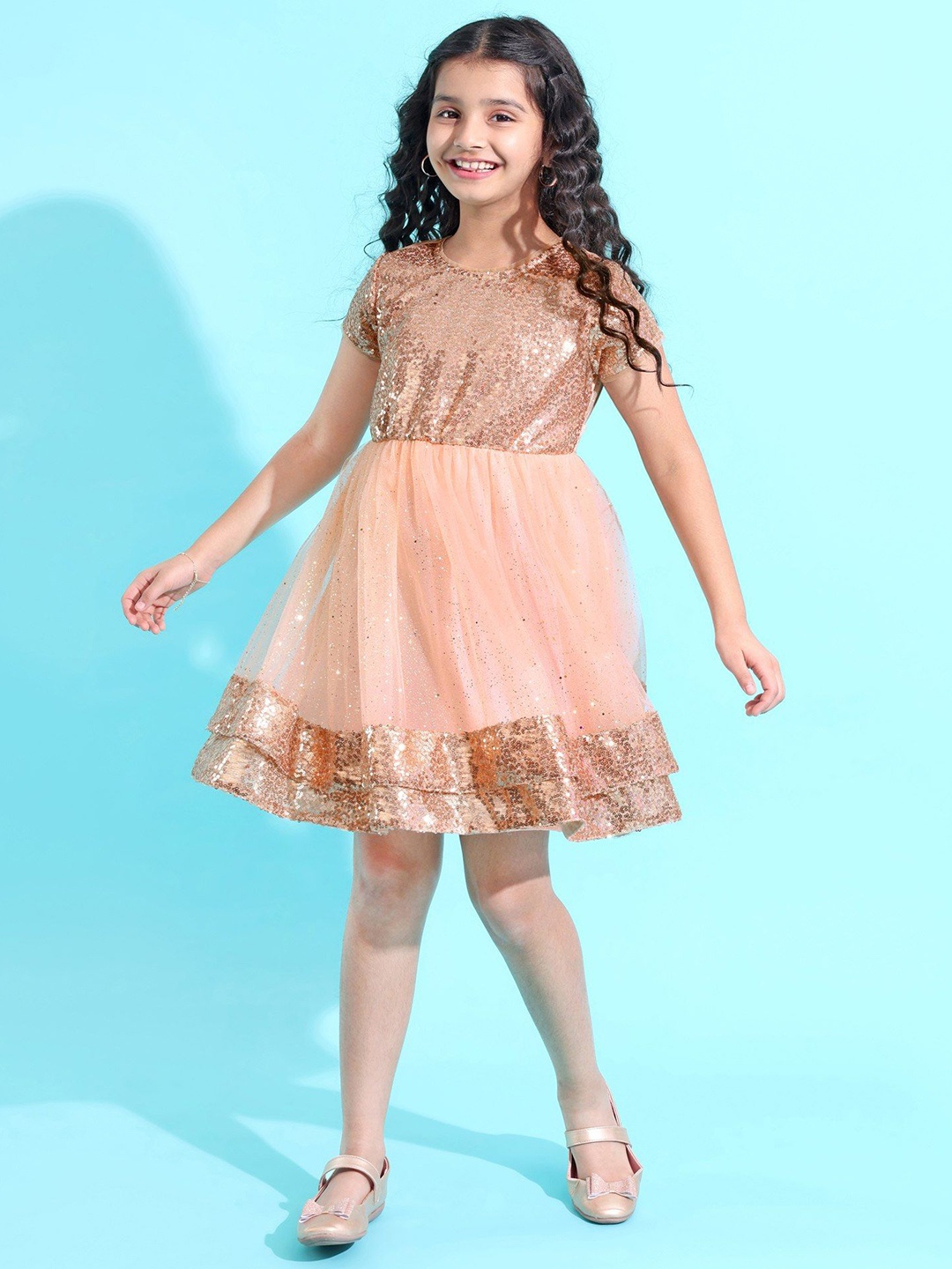 

Hola Bonita Girls Embellished Net Fit and Flared Dress, Gold