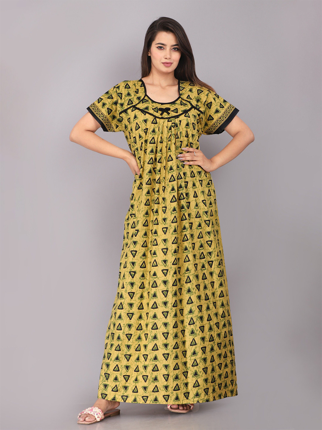 

MAYA PRINT Printed Pure Cotton Maxi Nightdress, Yellow