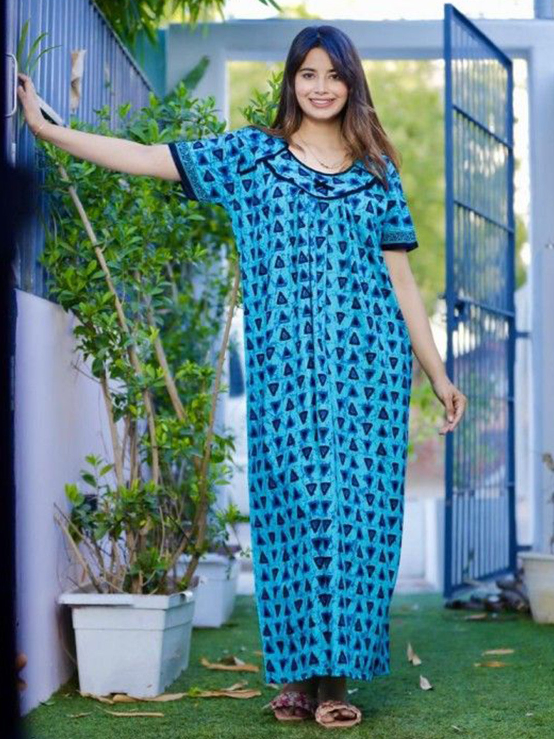 

MAYA PRINT Printed Pure Cotton Maxi Nightdress, Blue