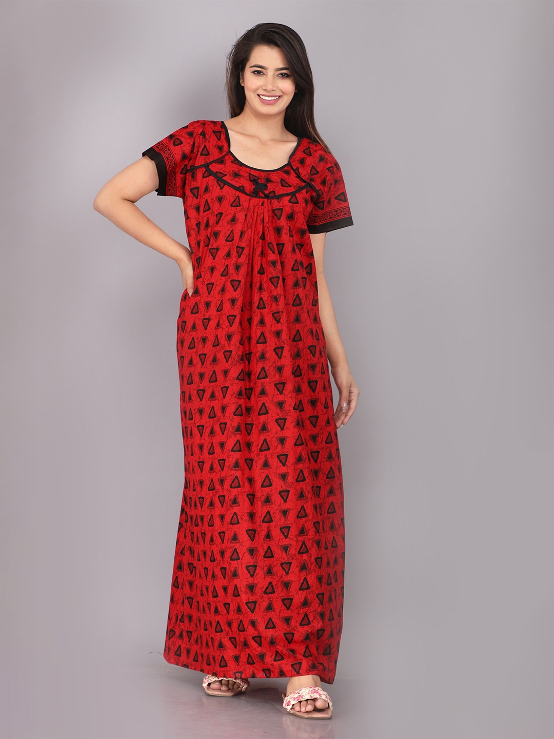 

MAYA PRINT Printed Pure Cotton Maxi Nightdress, Red