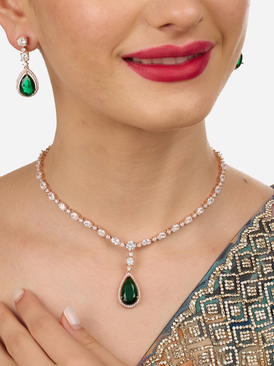 

Zaveri Pearls Rose Gold-Plated Cubic Zirconia-Studded Jewellery Set, Green