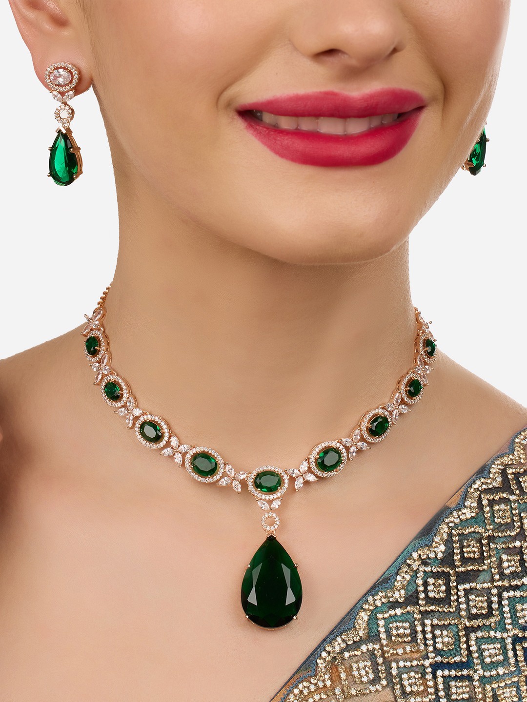 

Zaveri Pearls Rose Gold-Plated Cubic Zirconia Stone Studded Jewellery Set, Green