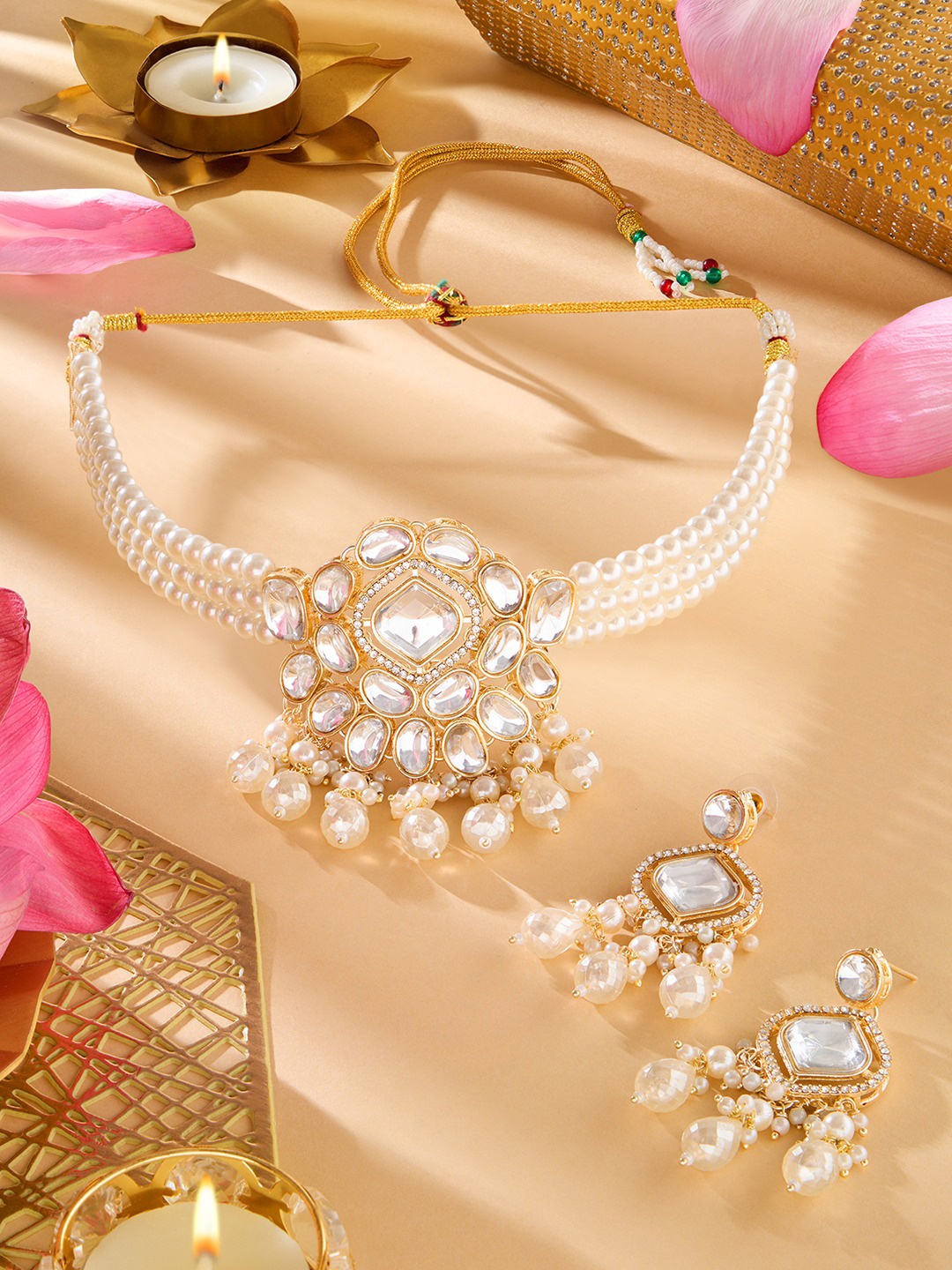 

Zaveri Pearls Gold-Plated Multistrand Pearl-Beaded Choker Jewellery Set