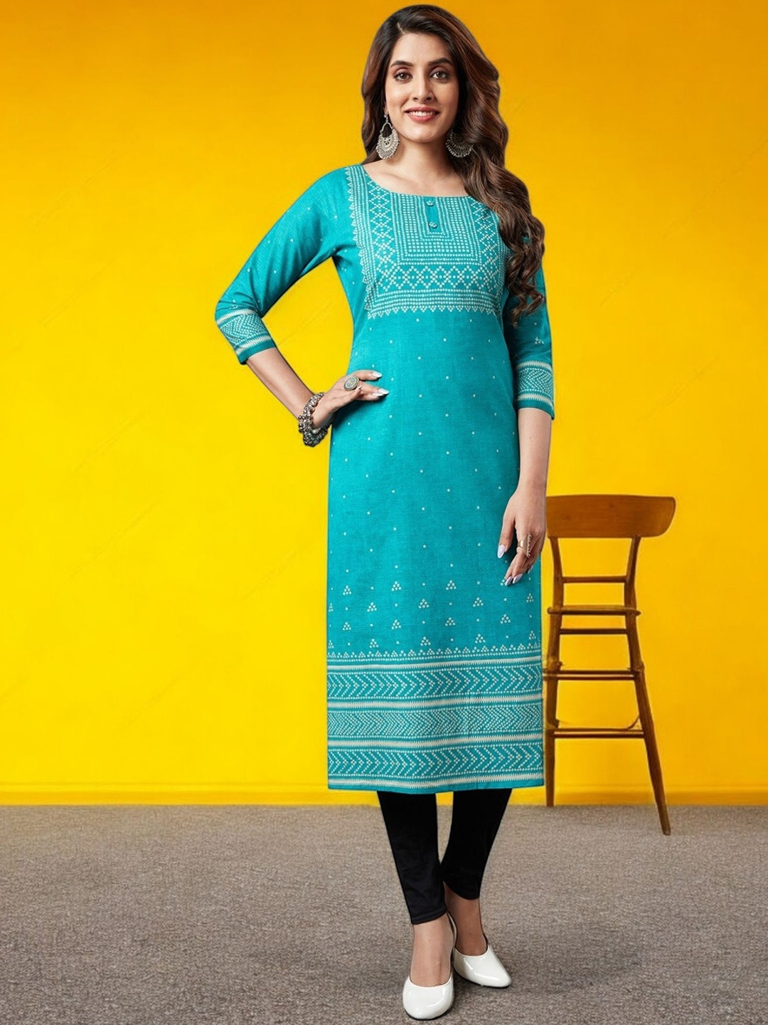 

Jevi Prints Ethnic Motifs Printed Sequinned Cotton Straight Kurta, Turquoise blue