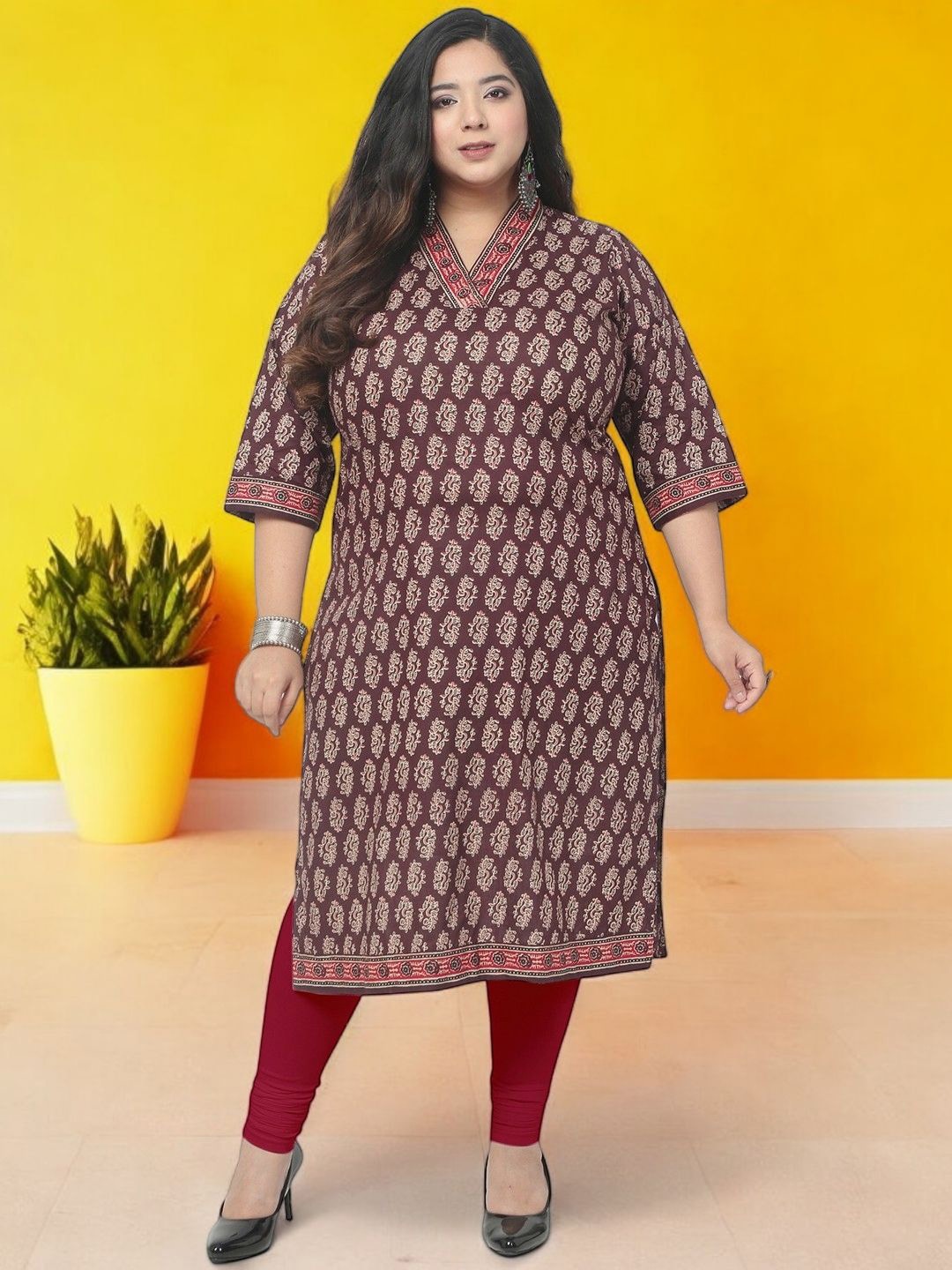 

Jevi Prints Plus Size Ethnic Motifs Printed Cotton Straight Kurta, Brown