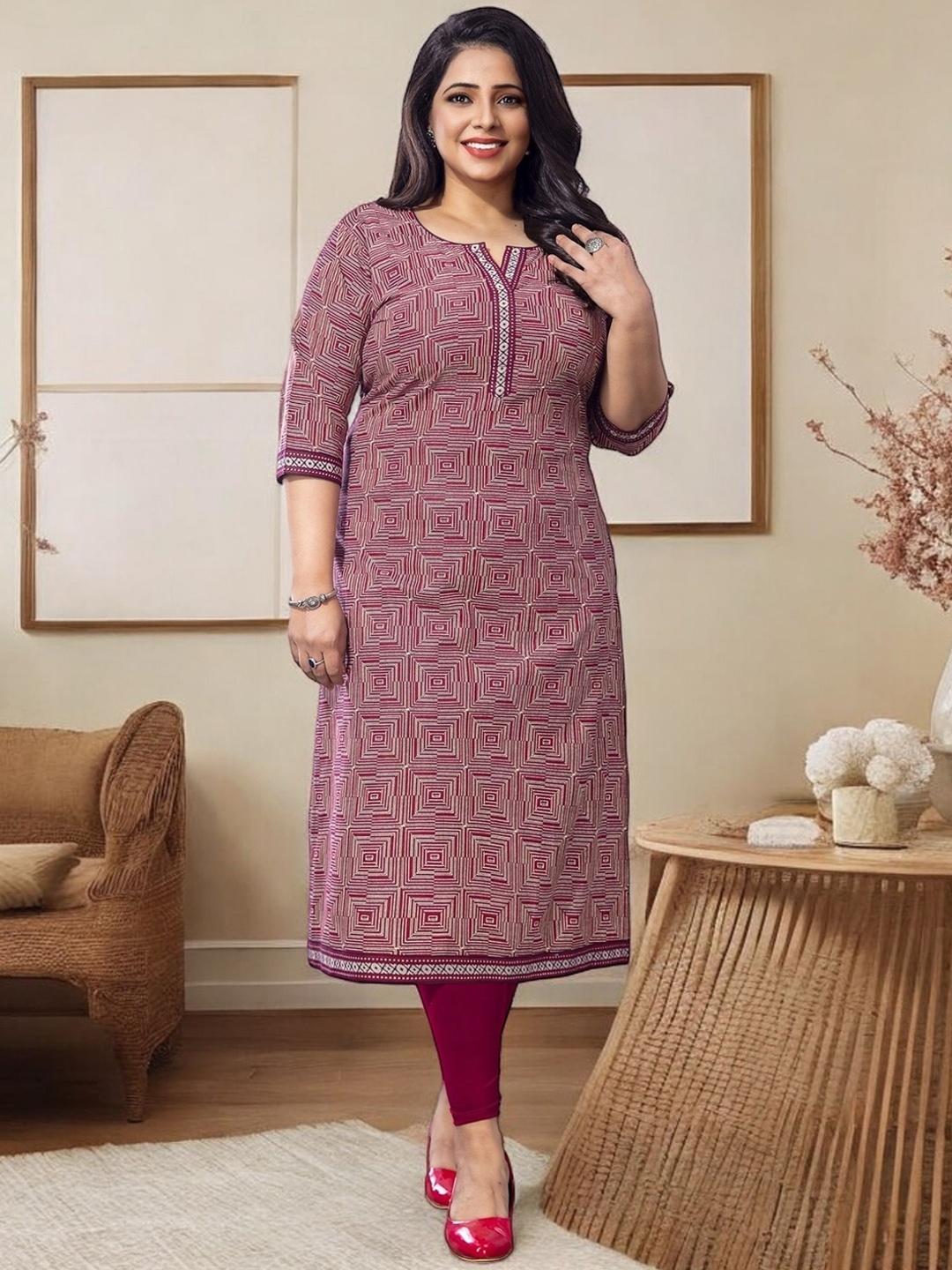 

Jevi Prints Plus Size Geometric Printed Cotton Straight Kurta, Pink