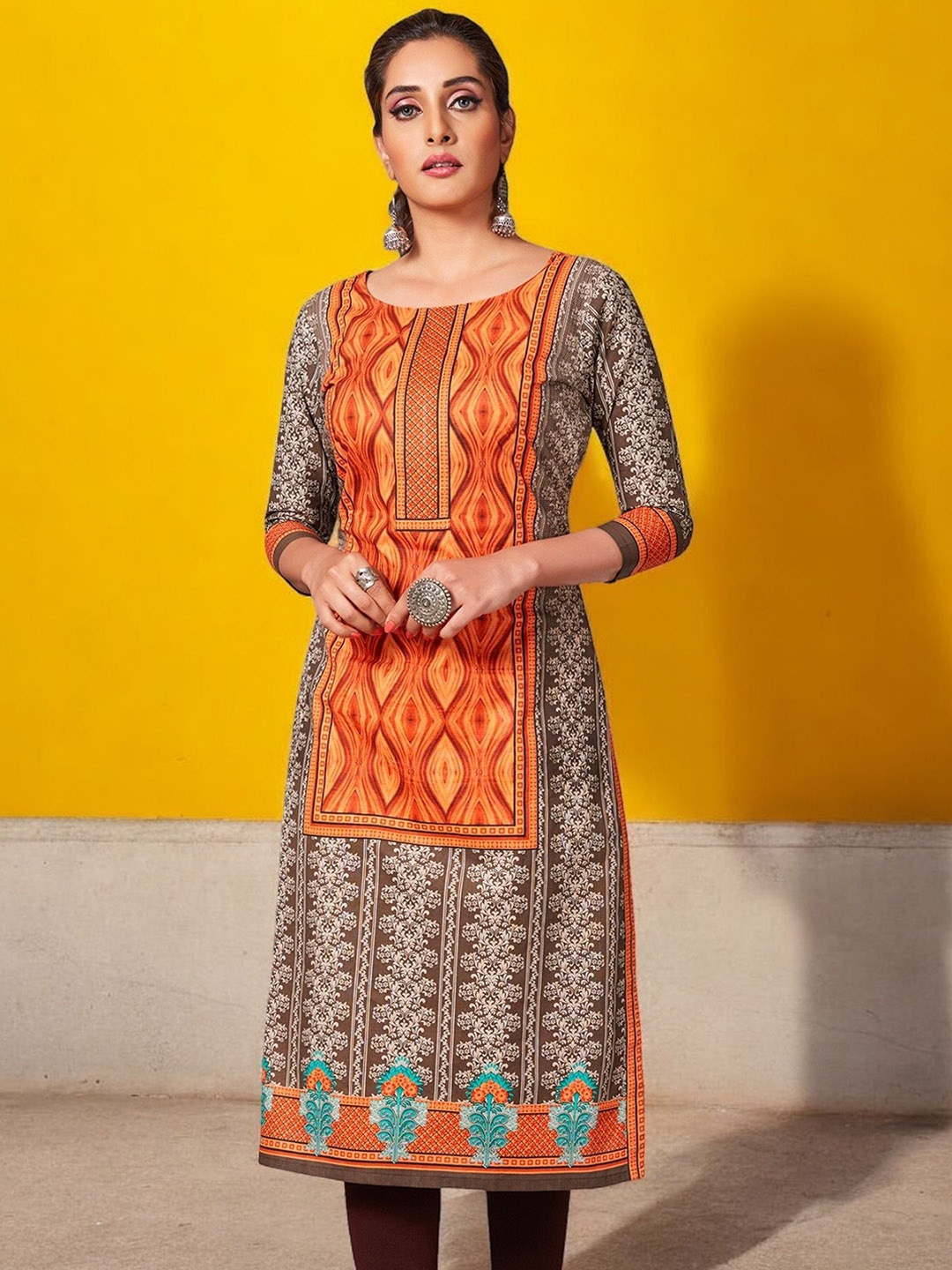 

Jevi Prints Geometric Printed Cotton Straight Kurta, Brown