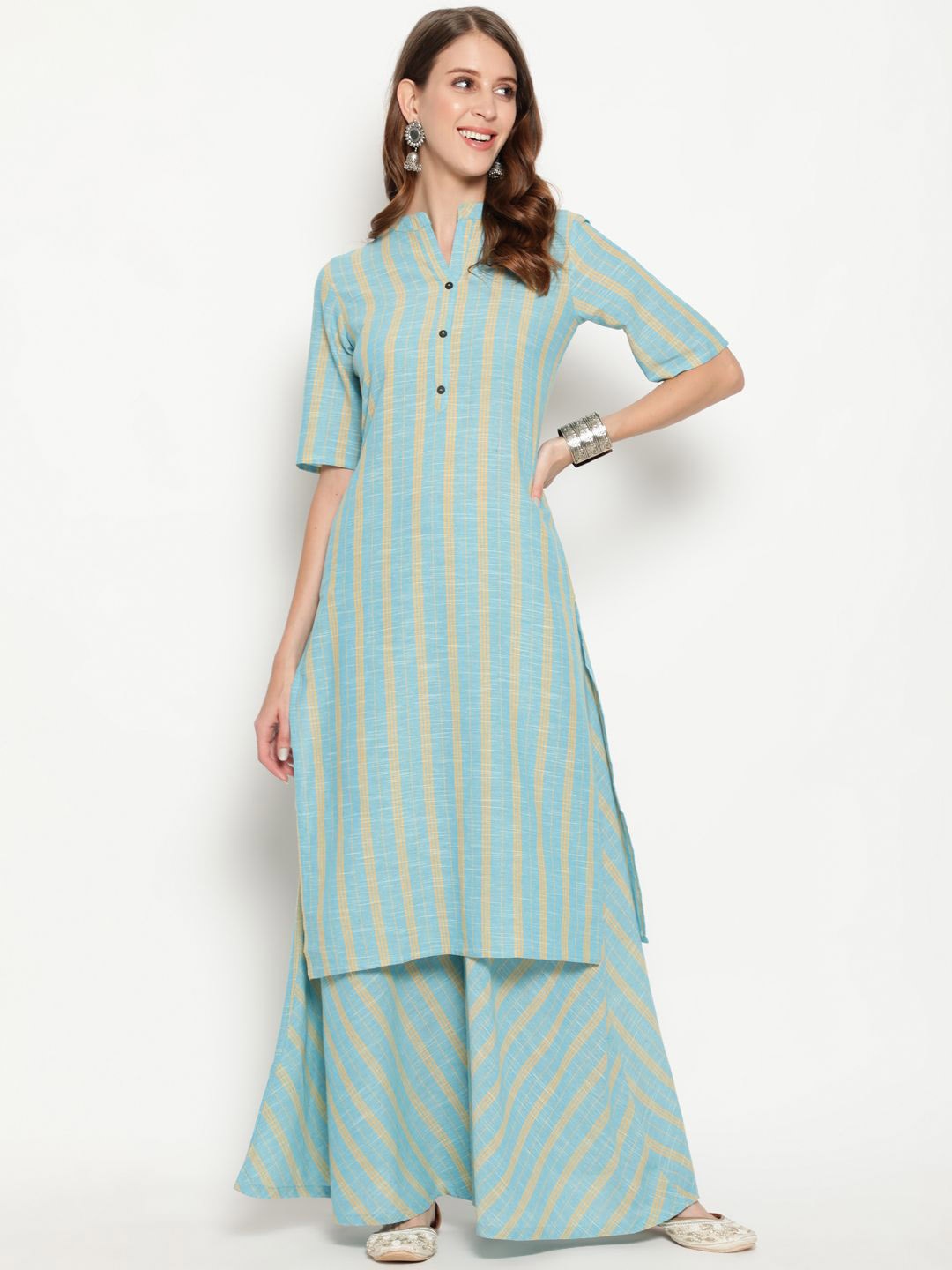 

antaran Striped Mandarin Collar Cotton Straight Kurta, Blue