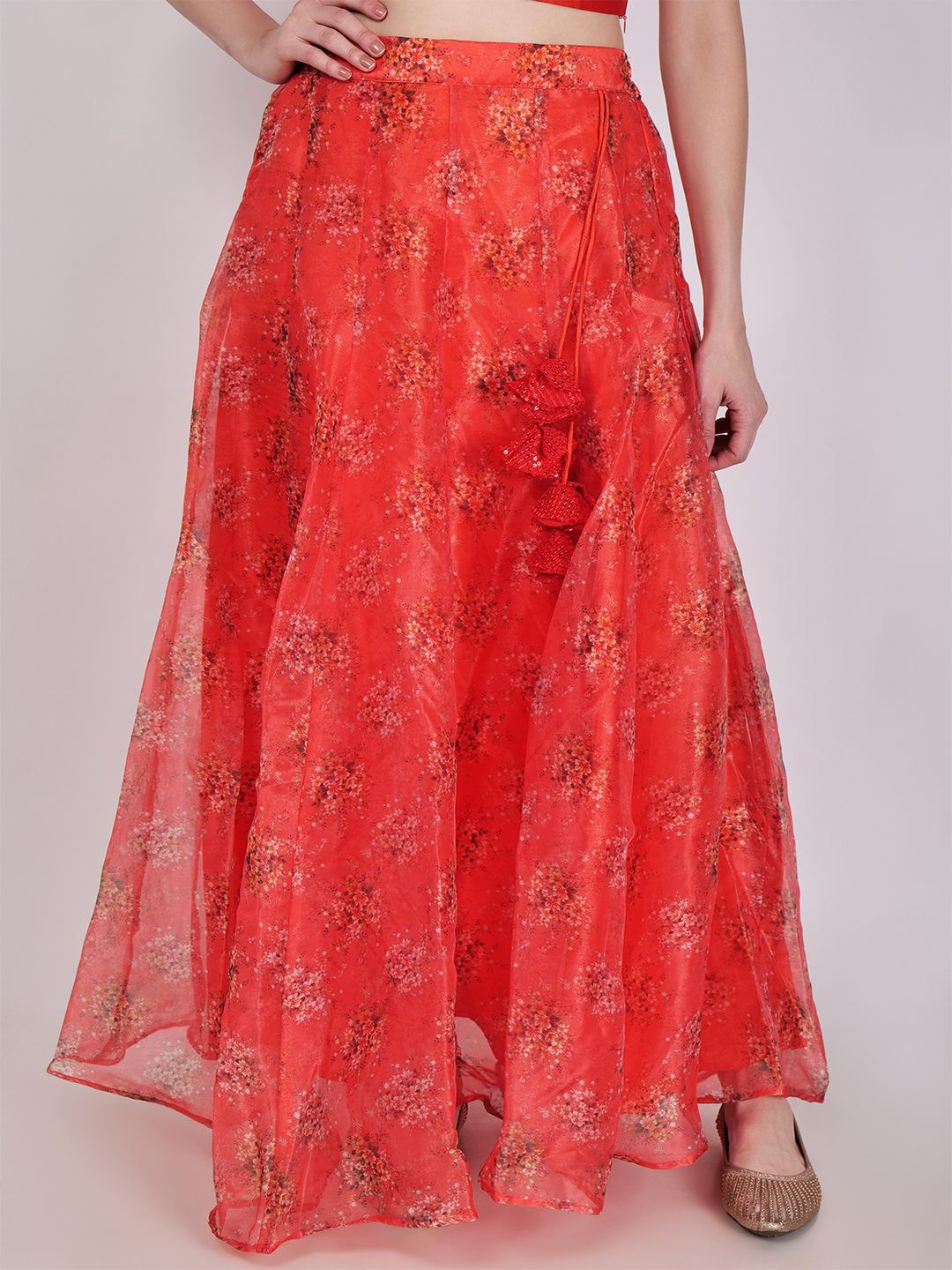 

Frolic Rolic Red Floral Printed Organza Maxi Skirt