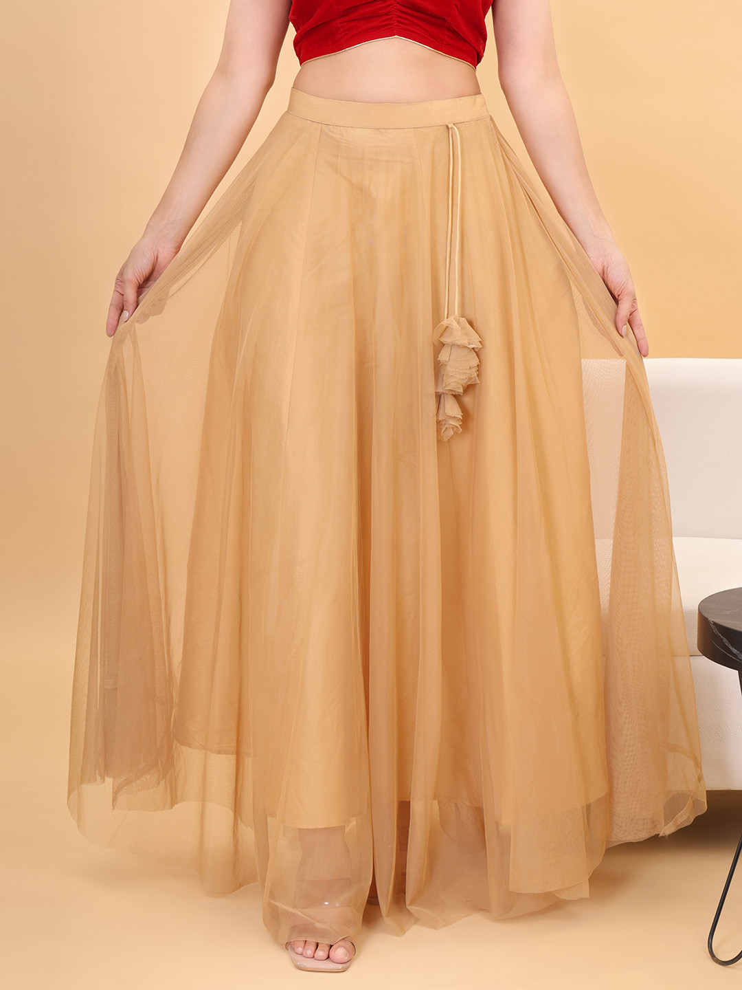 

Frolic Rolic Beige Solid Net Maxi Skirt