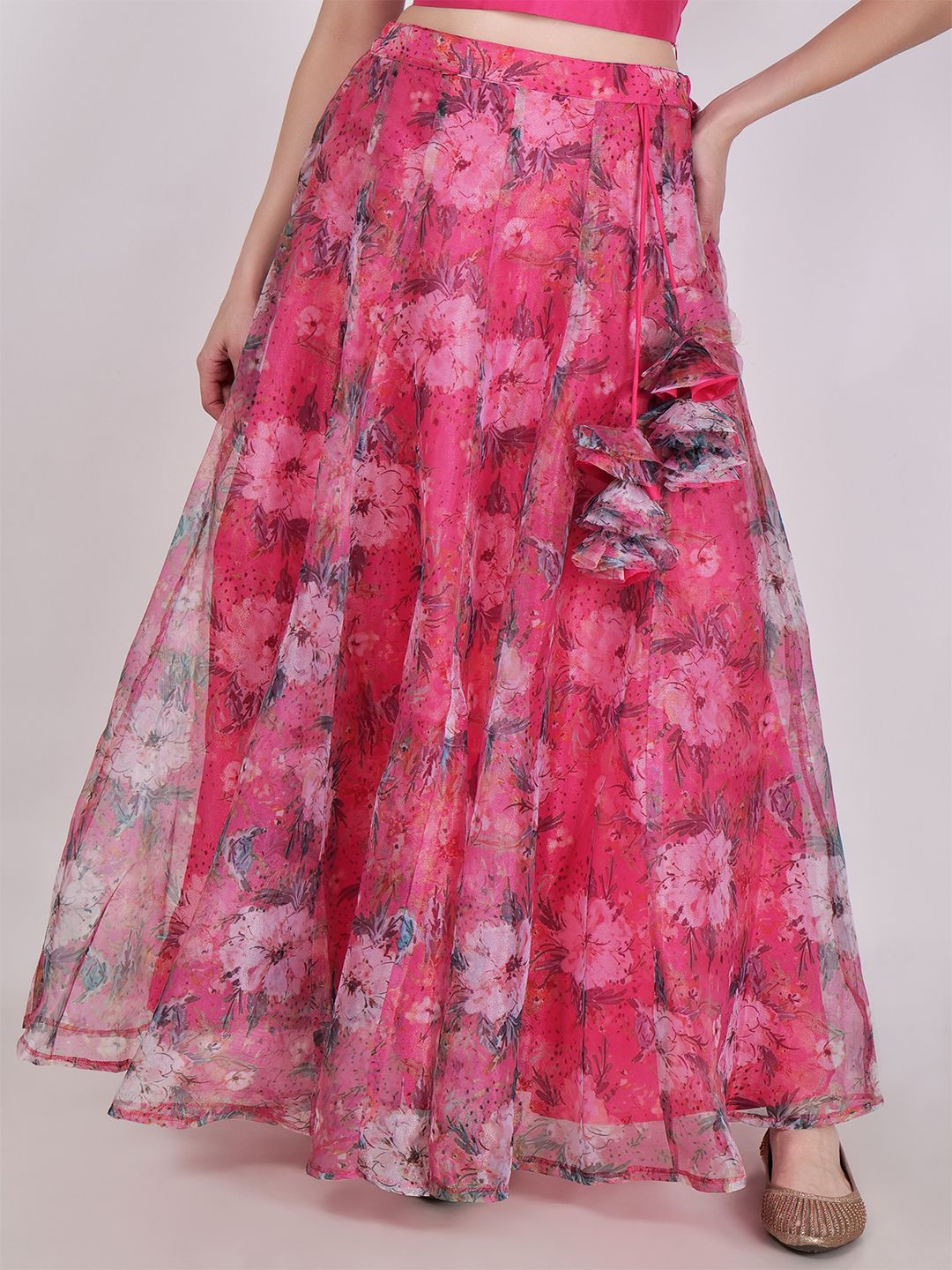 

Frolic Rolic Floral Printed Organza Maxi Skirt, Pink