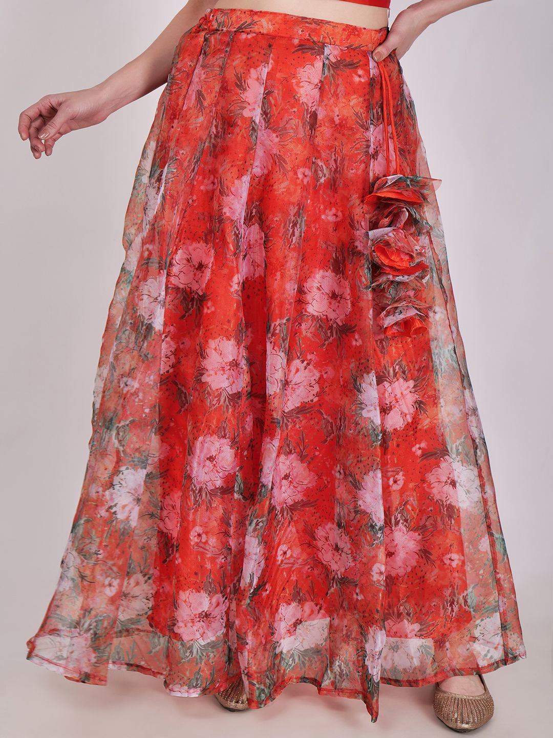 

Frolic Rolic Orange Floral Printed Organza Maxi Skirt