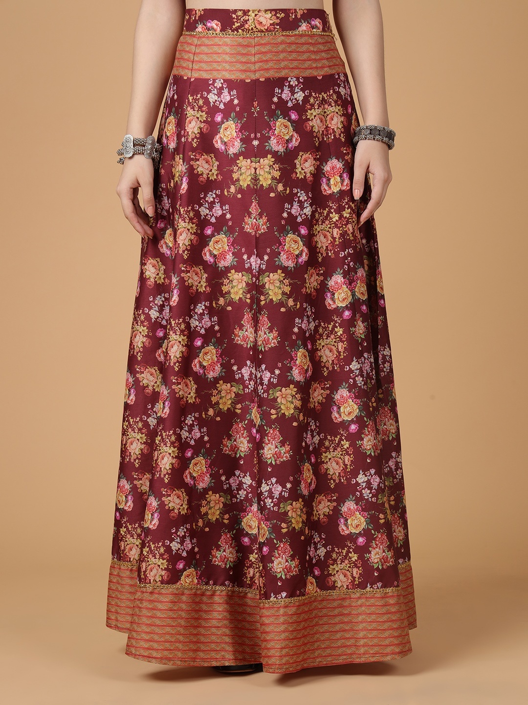 

Frolic Rolic Floral Printed Silk Maxi Skirt, Burgundy