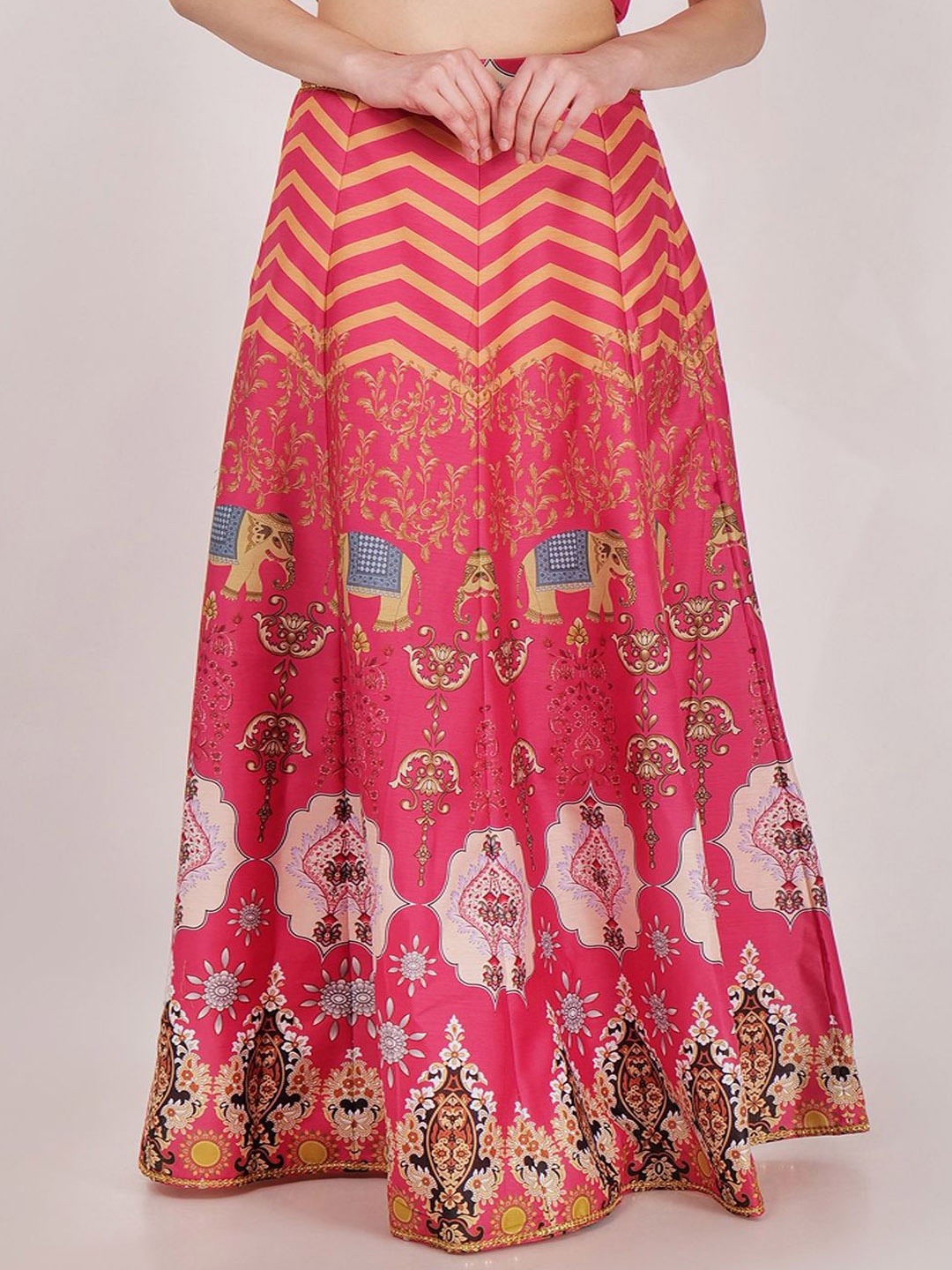

Frolic Rolic Pink Ethnic Printed Silk Blend Maxi Skirt