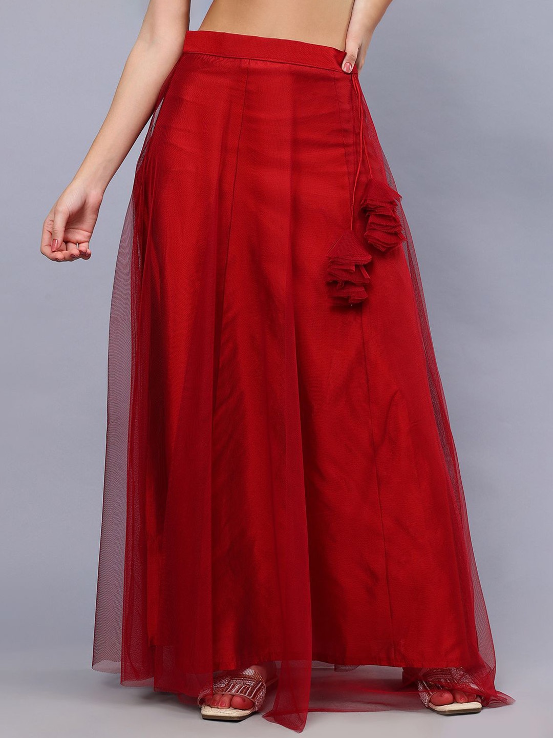 

Frolic Rolic Maroon Solid Net Maxi Skirt