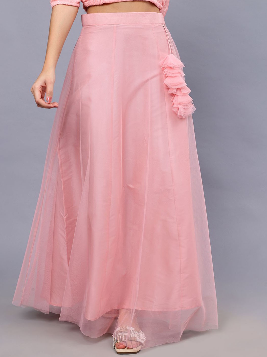 

Frolic Rolic Solid Net Maxi Skirt, Pink