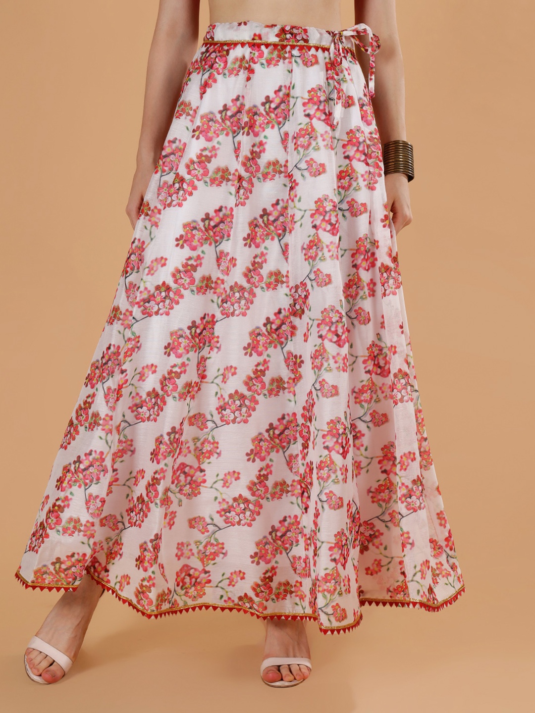 

Frolic Rolic Red & White Floral Print Silk Blend Maxi Skirt