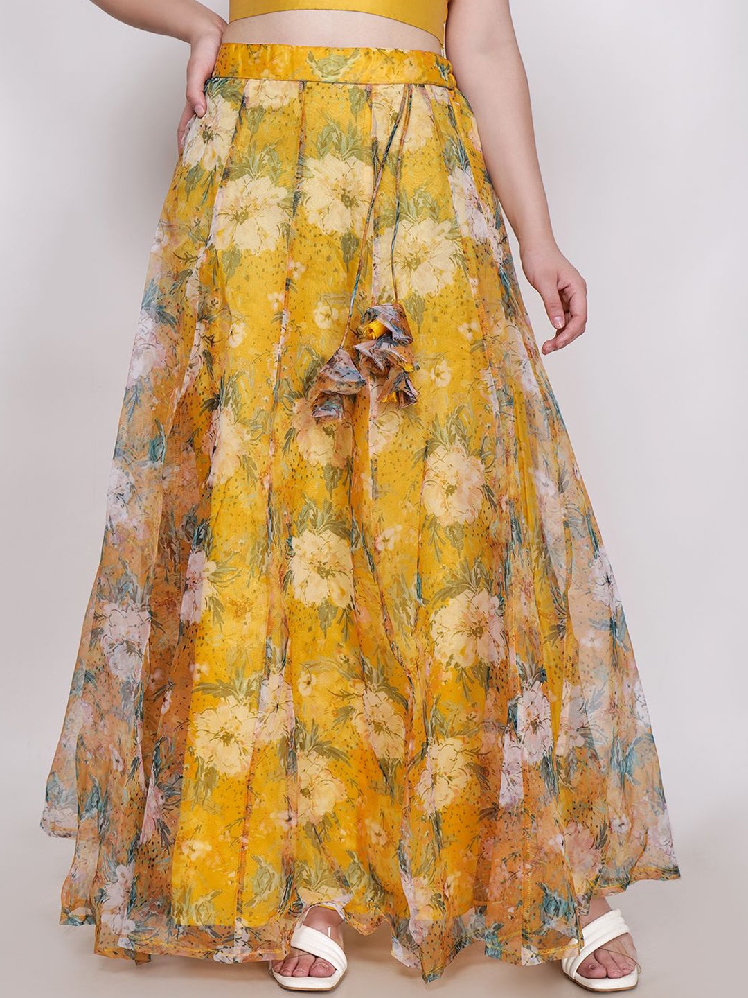 

Frolic Rolic Yellow Floral Printed Organza Maxi Skirt