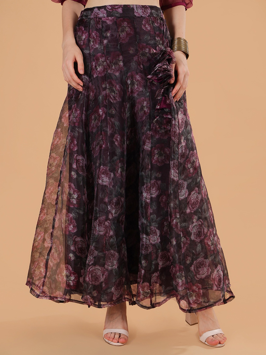 

Frolic Rolic Burgundy Floral Printed Organza Maxi Skirt