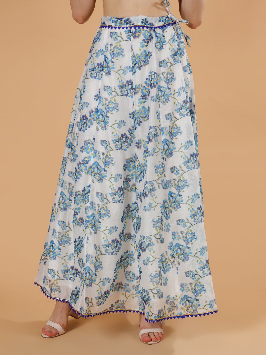 

Frolic Rolic White & Blue Floral Print Silk Blend Maxi Skirt