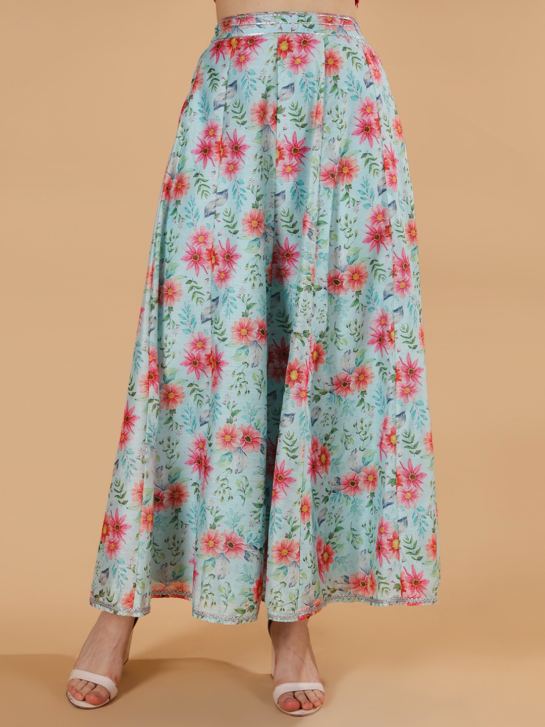 

Frolic Rolic Sky Blue Floral Printed Silk Blend Maxi Skirt, Turquoise blue