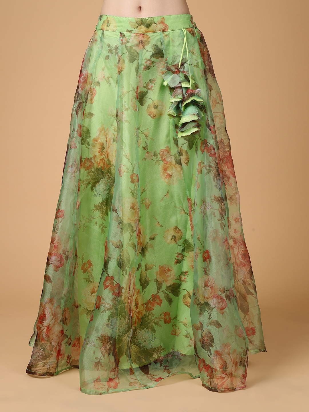 

Frolic Rolic Light Green Floral Printed Organza Maxi Skirt