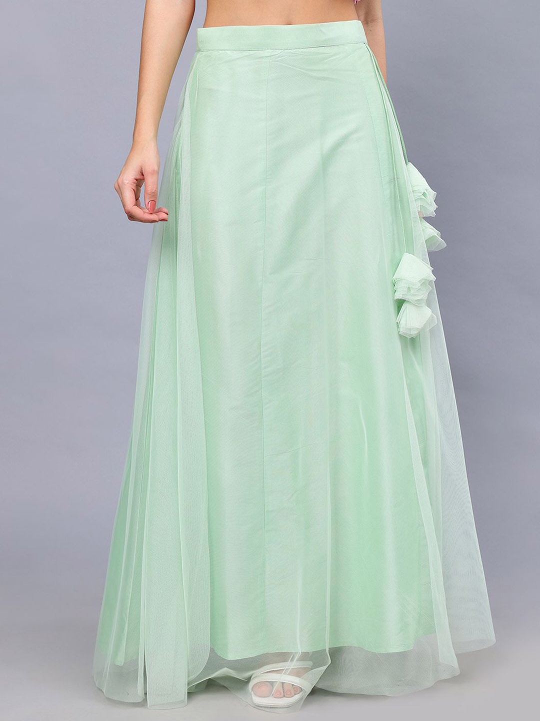 

Frolic Rolic Pista Green Solid Net Maxi Skirt