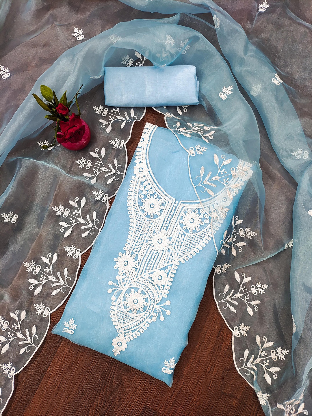 

KIMISHA Floral Embroidered Organza Unstitched Dress Material, Blue