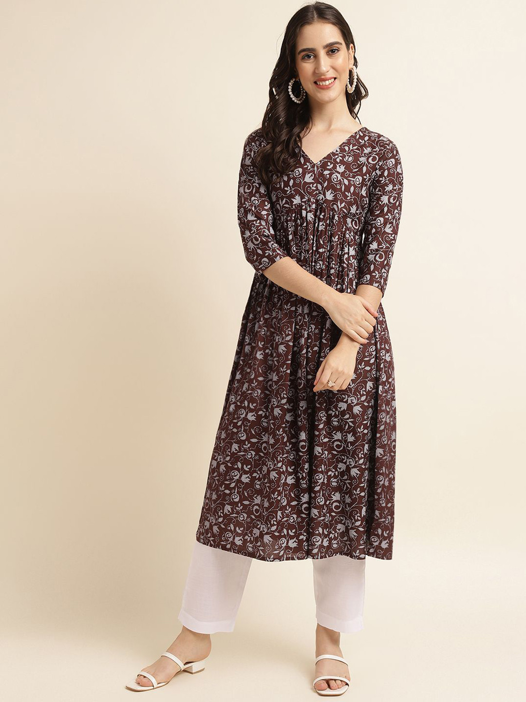 

Fabclub Floral Printed Empire Anarkali Kurta, Brown