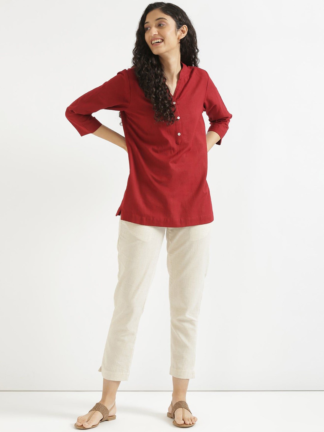 

KALINI Mandarin Collar Linen Straight Kurti, Red