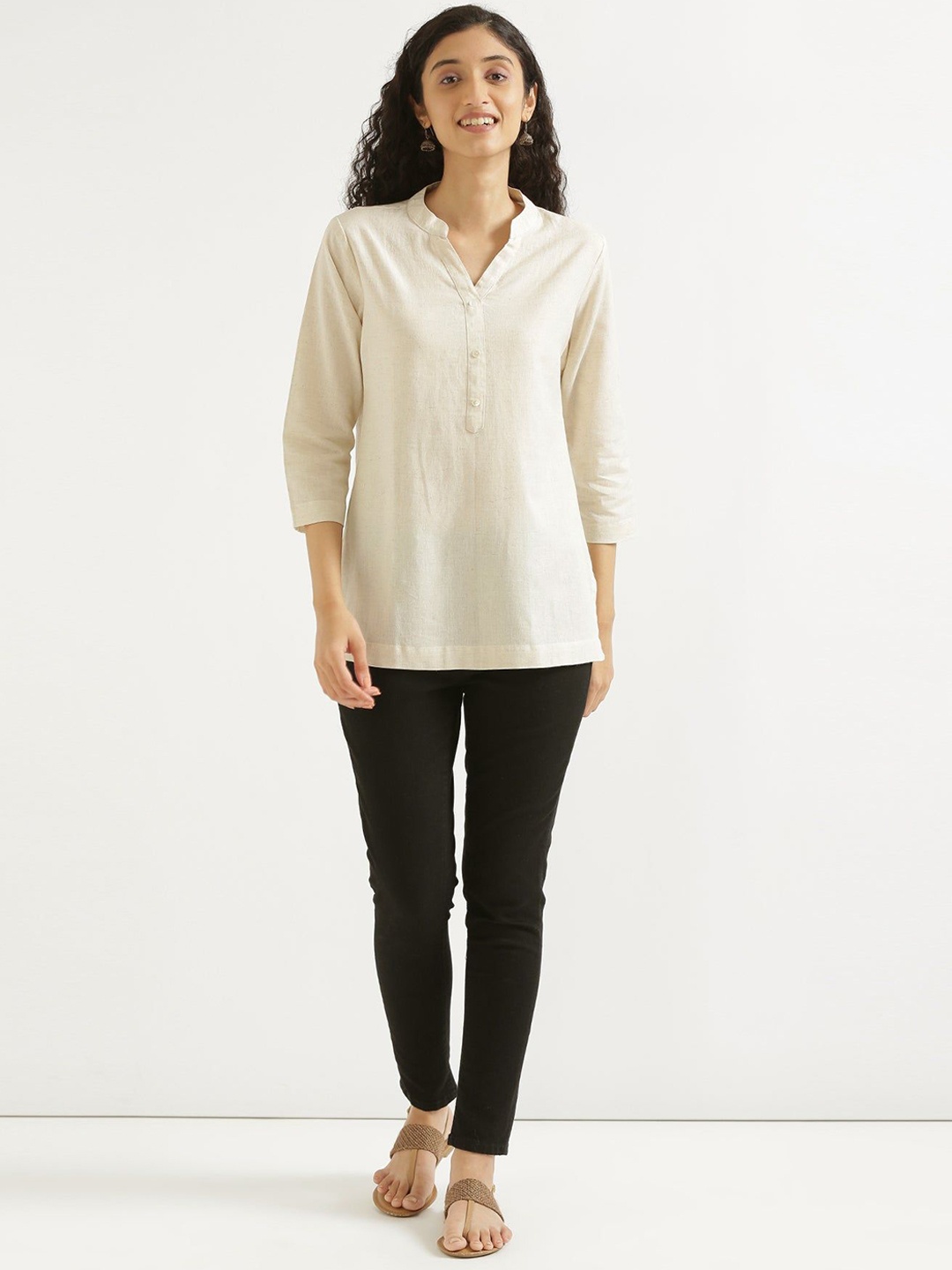 

KALINI Mandarin Collar Pure Cotton Straight Kurti, Off white