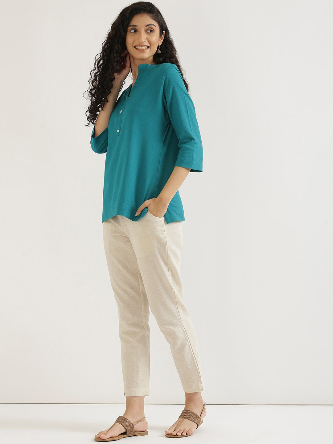 

KALINI Mandarin Collar Linen Straight Kurti, Turquoise blue