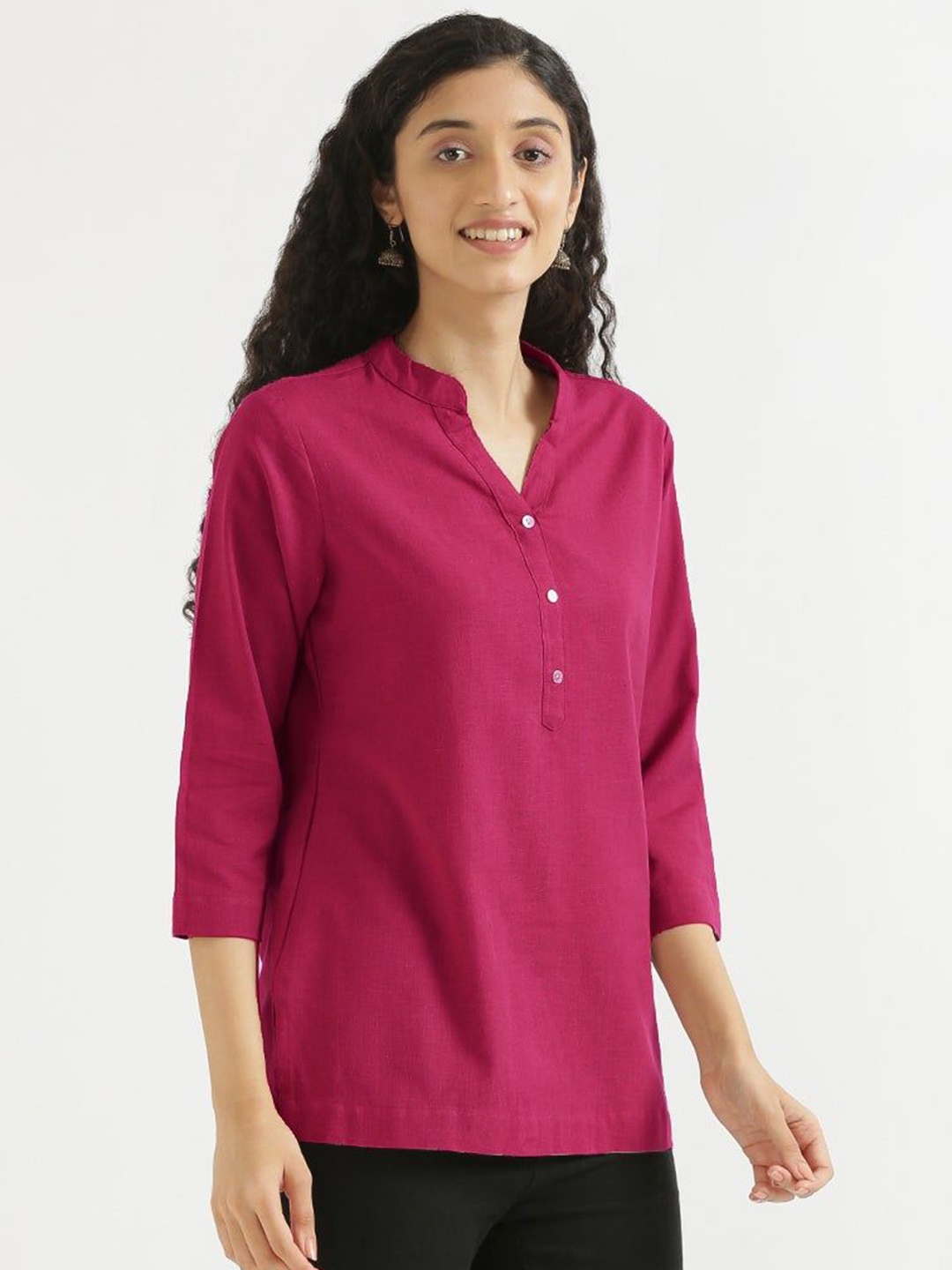 

KALINI Mandarin Collar Linen Straight Kurti, Pink