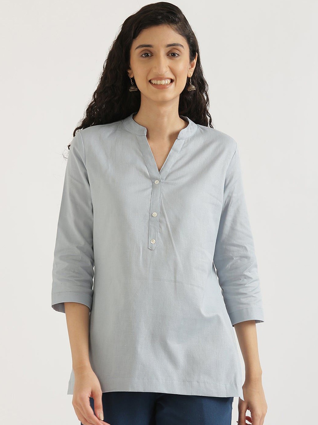 

KALINI Mandarin Collar Linen Straight Kurti, Grey