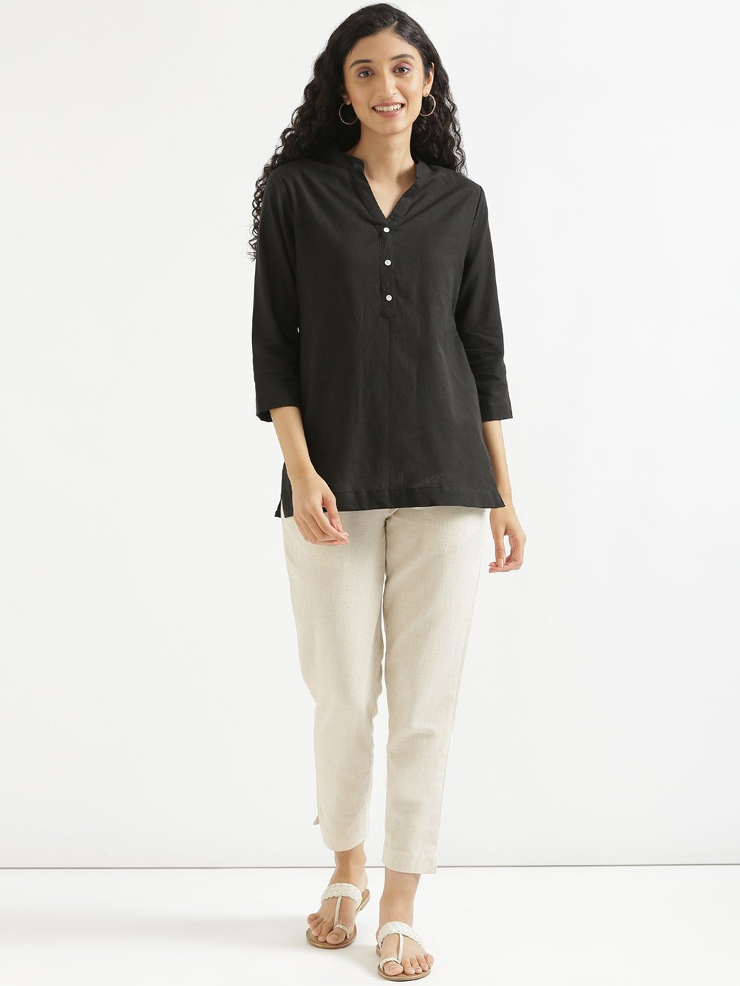 

KALINI Mandarin Collar Straight Pure Cotton Kurtis, Black