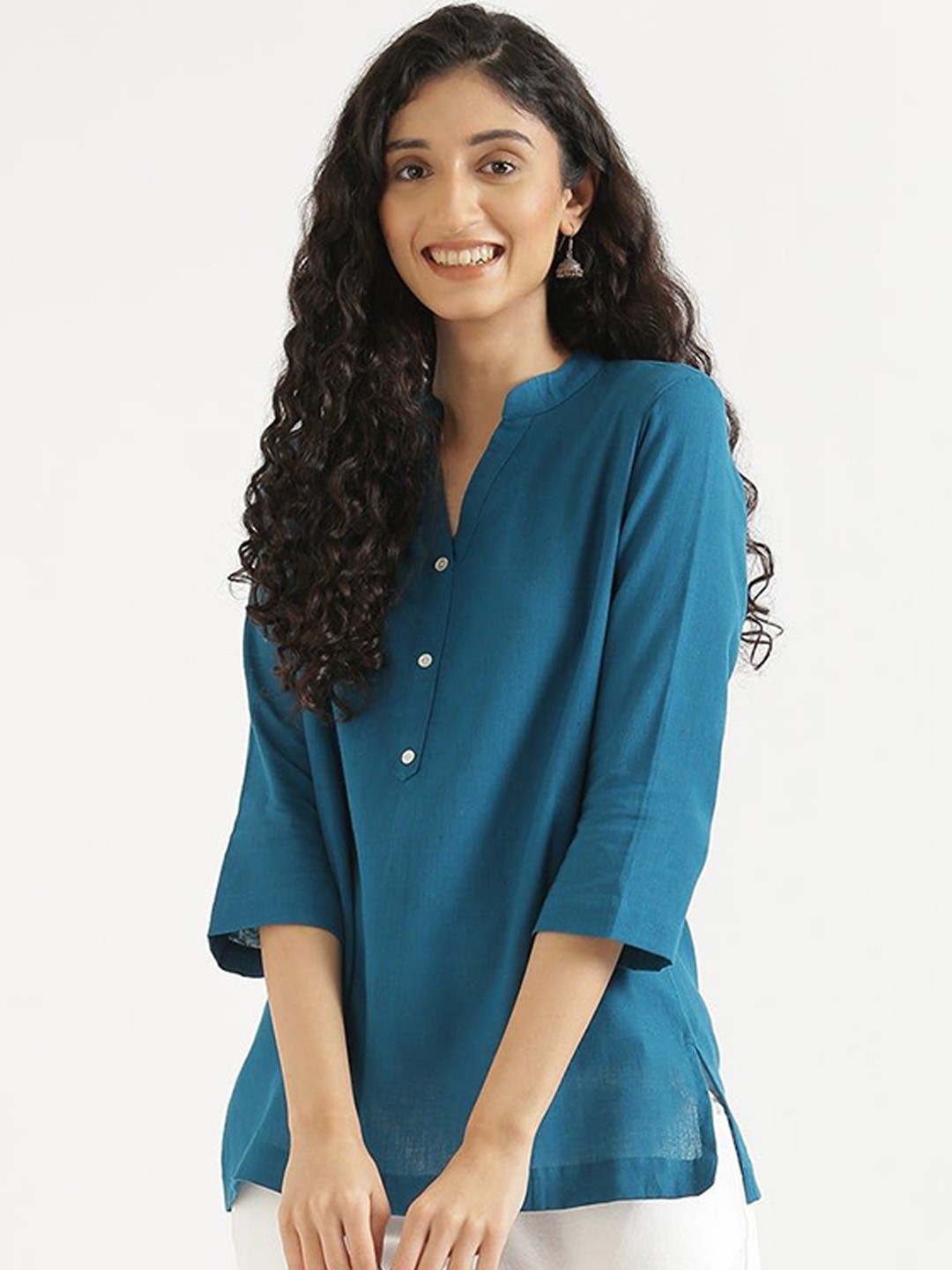 

KALINI Mandarin Collar Linen Straight Kurti, Turquoise blue
