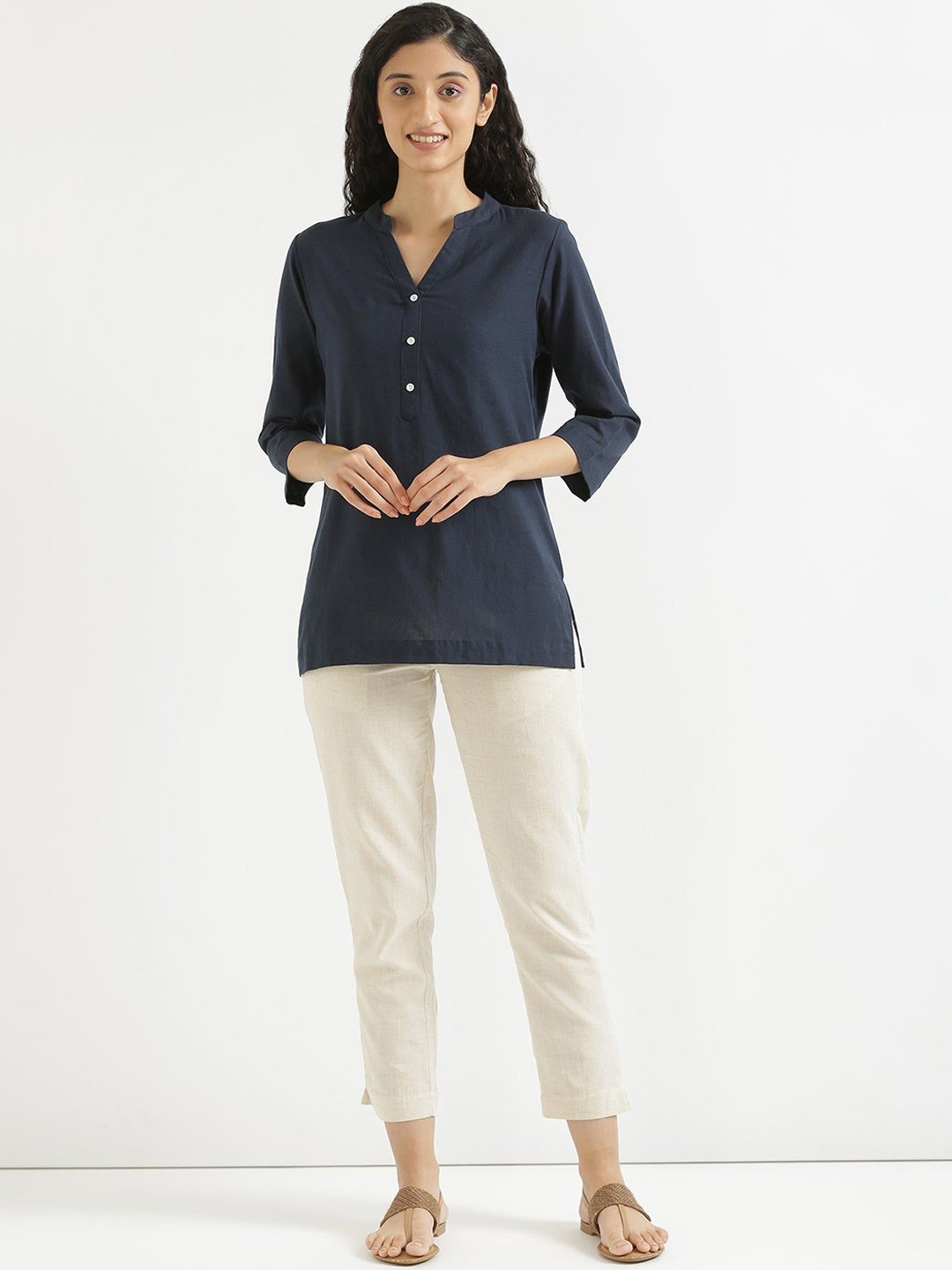 

KALINI Mandarin Collar Linen Straight Kurti, Navy blue