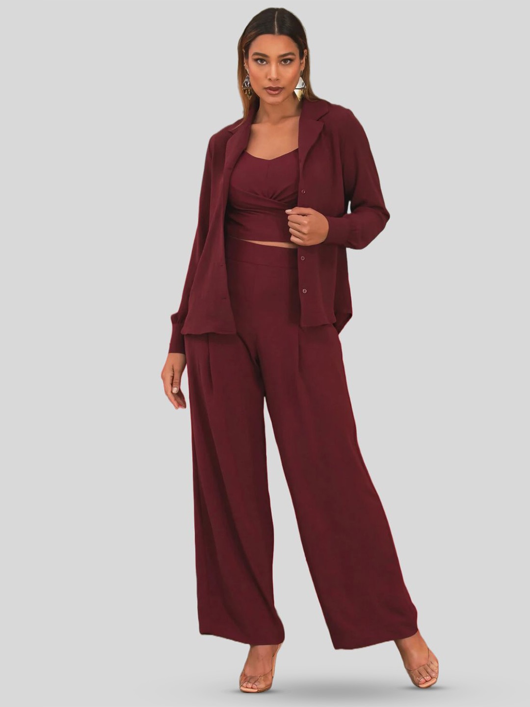 

FNOCKS Crop Top With Trousers & Shirt, Maroon