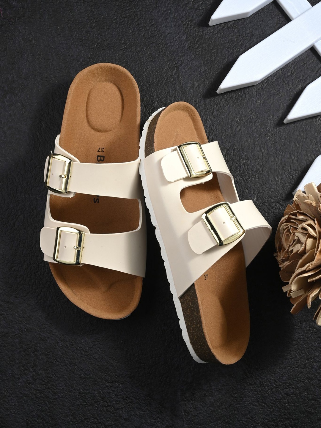 

BRISKERS Women Open Toe Flats with Buckles, White