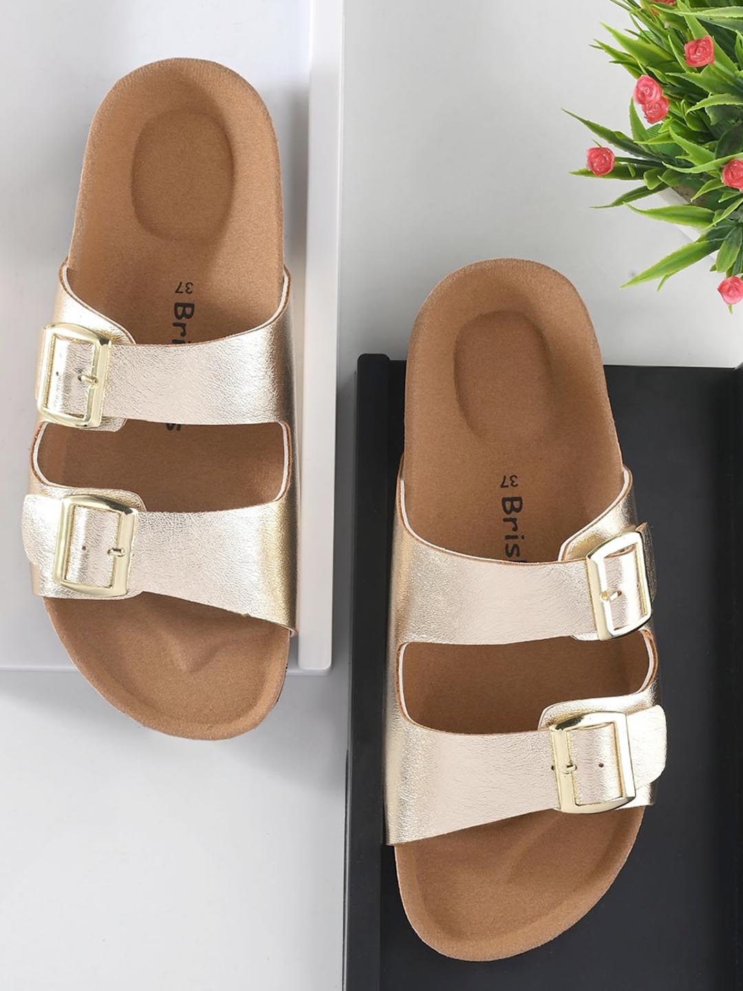 

BRISKERS Women Open Toe Flats with Buckles Flats, Gold