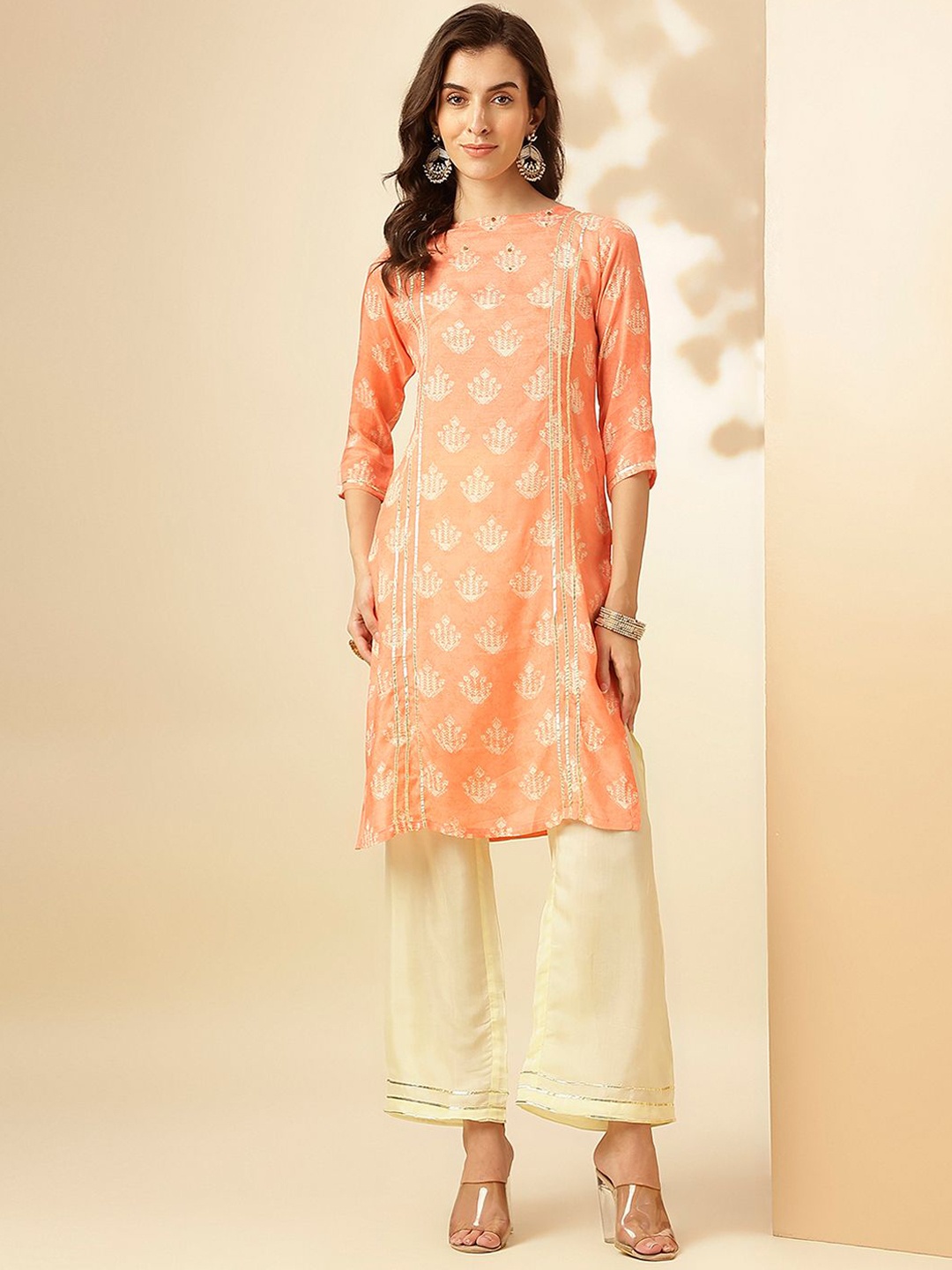 

KALINI Ethnic Motifs Printed Straight Pure Cotton Kurta with Palazzo, Orange