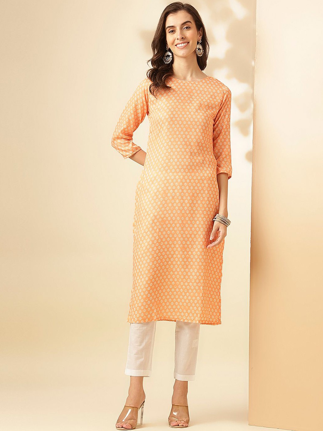 

KALINI Ethnic Motifs Printed Pure Cotton Kurta with Trousers, Peach